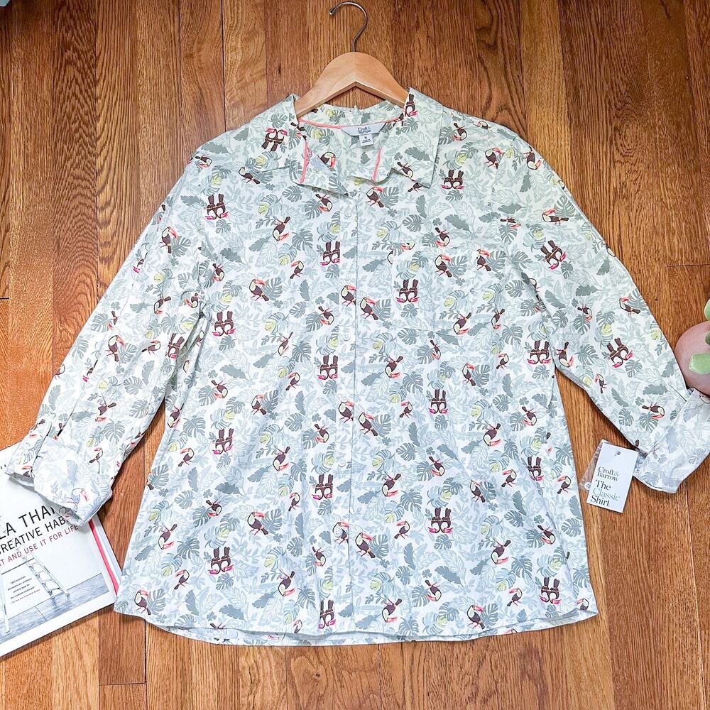 Croft & Barrow Button Down Roll Tab Sleeve Toucan Print Blouse